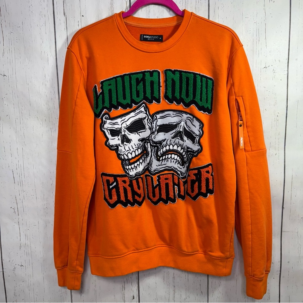 Roku Studio Orange Skull Graphic Sweatshirt Laugh Now Cry Later Streetwear Y2K